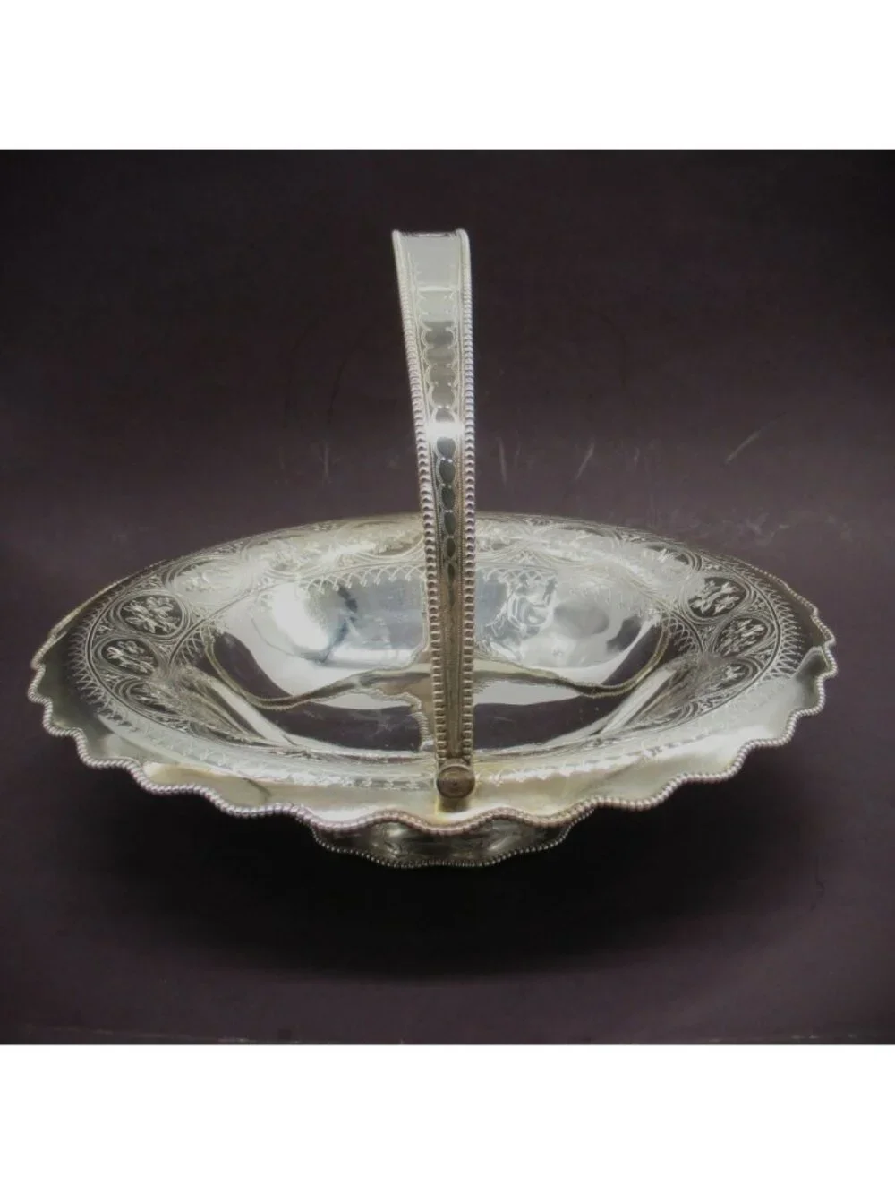 Antique Sheffield Silverplate Etched Pedestal Basket Beaded Waterfall Rim Martin